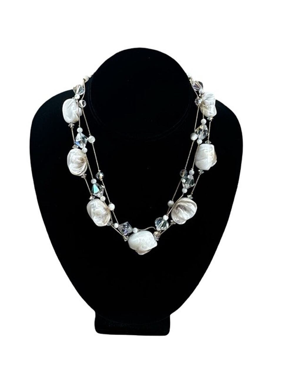 Dabby Reid White Iridescent Beaded 3 Strand Statement Necklace Chunky Layered